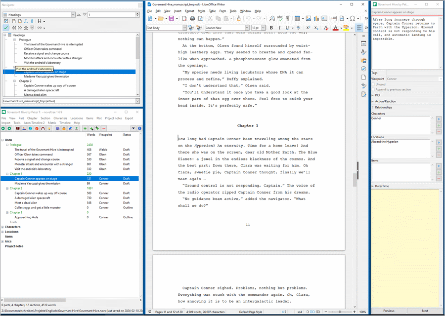 Writer and novelibre screen arrangement